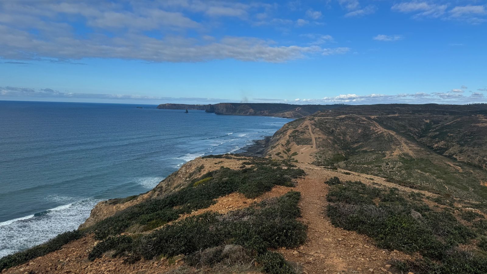 Dirt track running along green clifftops above the Atlantic on the Portuguese coast