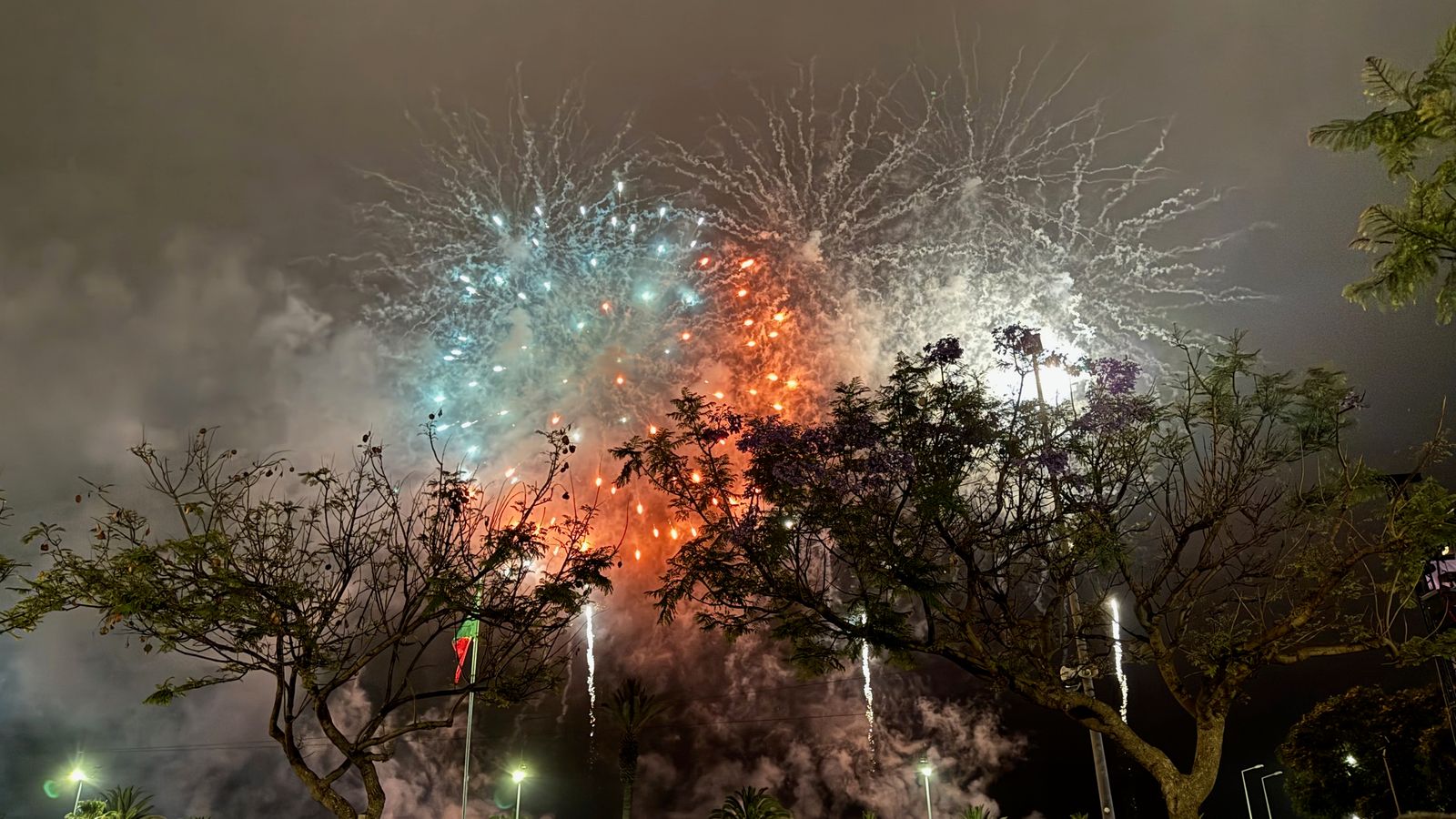 Big fireworks burst over trees and a crowd at a night-time festival in Portugal